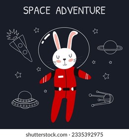 Hand-drawn vector illustration of a rabbit in space. Space illustration with animal in red spacesuit. Planets, stars, rockets in doodle style. Concept for printing on children's t-shirt, poster.