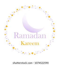 Hand-drawn Vector Illustration of Ramadan Kareem greeting text with golden lights and stars,  Crescent on a white background