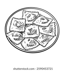 Hand-drawn vector illustration of ravioli, a type of filled pasta. The detailed line art depicts several ravioli on a round plate, showcasing their square or pillow shape with crimped edges.