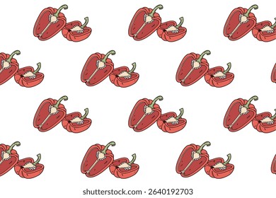 Hand-drawn vector illustration of red bell peppers, showcasing whole and sliced pieces, arranged in a seamless pattern for culinary and design applications