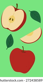 Ilustración vectorial dibujada a mano de manzanas rojas deliciosas con hojas: frutas rojas crujientes y brillantes en un estilo de dibujos animados lindo y juguetón sobre un fondo crema claro