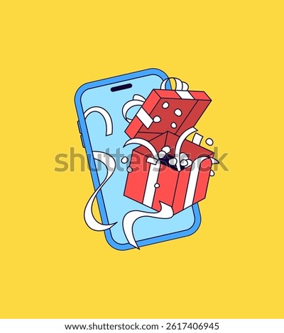 Hand-drawn vector illustration of a red gift box with white ribbons bursting out of a blue smartphone screen for themes like e-commerce, digital rewards, online gifts