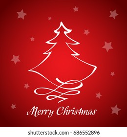 Hand-drawn vector illustration of a red greeting card for Christmas with a tree and stars