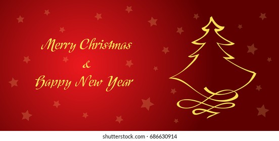 Hand-drawn vector illustration of a red greeting card for Christmas with golden tree and stars