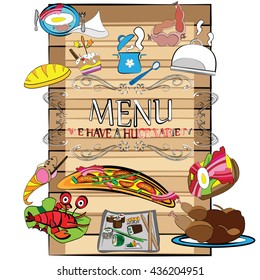 hand-drawn vector illustration of restaurant, cafe meals, template design. 