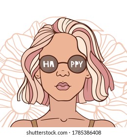 Ilustración vectorial dibujada a mano en estilo retro. Líneas suaves, dibujo lineal. Chica con gafas de sol redondas. Grabación manuscrita Feliz. Cabello coloreado, maquillaje. Flores de fondo. Diseño para tarjeta, banner