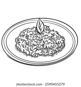 Hand-drawn vector illustration of risotto, an Italian rice dish cooked with broth until it reaches a creamy consistency. The detailed line art depicts a serving of risotto on an oval plate, 