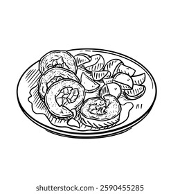 Hand-drawn vector illustration of rouladen, a traditional German dish, which are typically thinly sliced beef or veal rolled around a filling of bacon, onions, pickles, and mustard. 