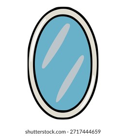 Ilustración vectorial dibujada a mano de un espejo de baño redondo con una superficie reflectante azul claro y un marco crema y negro, aislado sobre un fondo blanco.