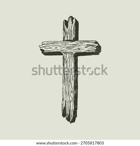 A hand-drawn vector illustration of a rustic wooden cross. Vintage engraving style, suitable for themes of religion, faith, gothic horror, or as a memorial symbol.