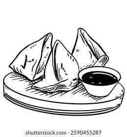 Hand-drawn vector illustration of samosas, a popular South Asian snack. The detailed line art depicts three samosas arranged on a round plate, accompanied by a small bowl of dipping sauce.