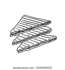 Hand-drawn vector illustration of a sandwich, specifically a grilled or panini-style sandwich, shown in a stacked, sliced view. The detailed line art depicts the layers of filling between the bread,