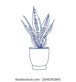 Hand-drawn vector illustration of a sansevieria (snake plant) in a pot, perfect for eco design, interior decor, and botanical themes.  