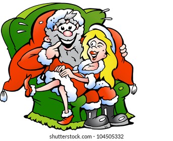 Hand-drawn Vector illustration of an Santa Claus sitting with a cute Christmas girl