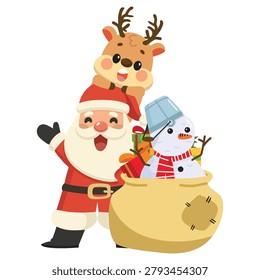 Hand-drawn vector illustration of Santa Claus with a snowman and reindeer, representing Christmas joy, friendship, holiday traditions, and festive celebrations. Ideal for greeting cards, seasonal promotions, and holiday themes.