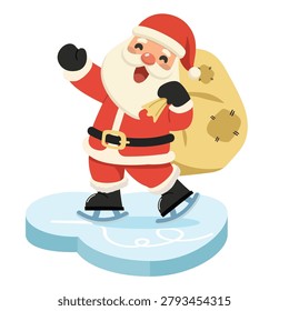 Hand-drawn vector illustration of Santa Claus ice skating while carrying a Christmas gift bag, representing holiday fun, festive celebration, winter activities, and gift giving. Ideal for Christmas cards, seasonal promotions, and holiday themes.