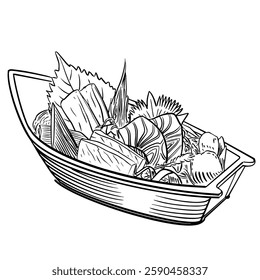 Hand-drawn vector illustration of sashimi, a Japanese delicacy of thinly sliced raw fish or seafood. The detailed line art depicts various types of sashimi, 