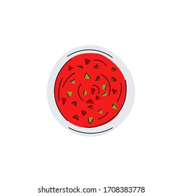 Ilustración vectorial hecha a mano de una cacerola con salsa roja con diferentes ingredientes vista superior. Trozos de especias. Salsa de tomate. Alimentos. Meseta. Cocina. El fondo es blanco. Plano.