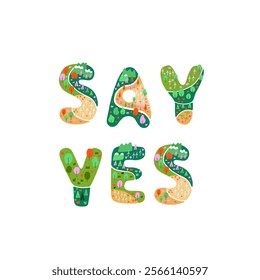 Hand-drawn vector illustration of "Say Yes" text styled as an island map with tropical elements, including palm trees, waves, and sandy shores, on a white background. Playful and motivational design.
