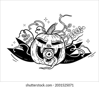 Hand-drawn vector illustration. Scary halloween pumpkin for t-shirt print, poster, flyer, invitation. Black outline