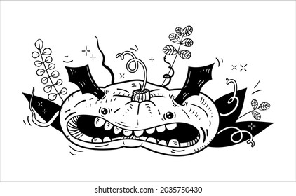 Hand-drawn vector illustration. Scary halloween pumpkin for t-shirt print, poster, flyer, invitation. Black outline