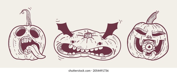 Hand-drawn vector illustration. Scary halloween pumpkin for t-shirt print, poster, flyer, invitation. Black outline