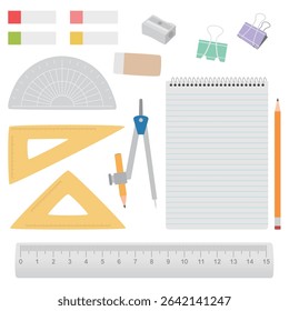 Hand-drawn vector illustration of school supplies including a notebook with horizontal lines, pencil, ruler, eraser, sharpener, protractor, compass, triangle ruler, binder clip, and label stickers.