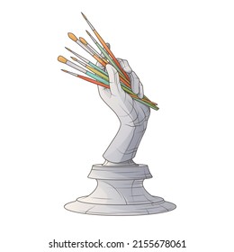 Hand-drawn vector illustration of sculpture of hand with paintbrushes. Elegant volumetric illustration perfect for design of poster, banner, card, web design, decoration of room, art shop.