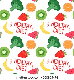 Hand-drawn vector illustration - Seamless pattern with fruit and vegetables. Banana, orange, strawberry, broccoli, kiwi and watermelon. Healthy diet