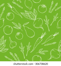 Hand-drawn vector illustration. Seamless pattern with fruit and vegetables.  Healthy diet
