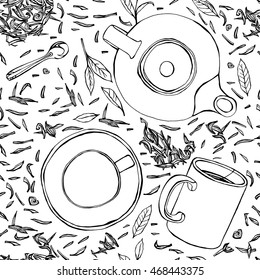 Handdrawn vector illustration. Seamless pattern with tea leaves, teapot, mug, teacup and spoon. Black ink drawing on a white background.