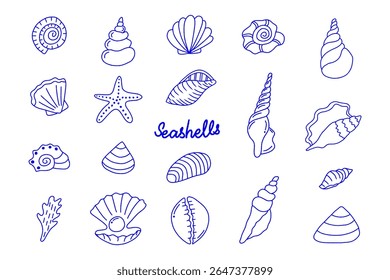 Hand-drawn vector illustration of seashells and starfish, Sea shell collection, summer travel marine kit. Underwater sea shell set, Doodle Outline, Line drawing 