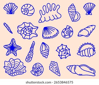 Ilustração de vetor desenhada à mão de conchas marinhas e estrelas-do-mar, Coleção de conchas do mar, kit marinho de viagem de verão. Conjunto de conchas submarinas, Contorno de Doodle, Desenho de linha