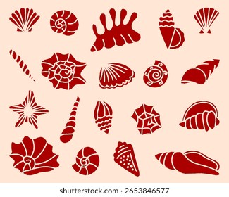 Ilustração de vetor desenhada à mão de conchas marinhas e estrelas-do-mar, Coleção de conchas do mar, kit marinho de viagem de verão. Conjunto de conchas submarinas, Contorno de Doodle, Desenho de linha