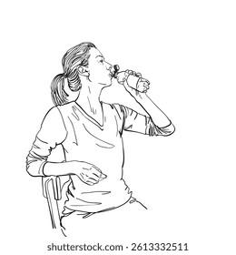 Hand-drawn vector illustration of a seated woman drinking water from a bottle. Clean black and white line art without shading. Ideal for health, lifestyle and wellness concepts