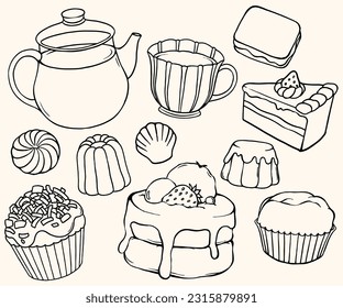 Hand-drawn Vector Illustration Set of Afternoon Tea and Snacks: Muffin, Cake, Handmade Cookies, and Puddin