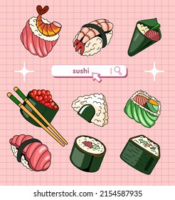 Hand-drawn vector illustration of a set of chopstick sushi rolls in retro style on a pale pink checkered background. 90s style search box. Use as decoration for Asian food menu, design for advertising