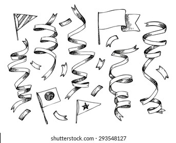 Hand-drawn vector illustration - Set of Confetti and flags. Design elements for creation cards, posters, invitations