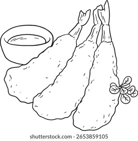 ilustração de vetor desenhado à mão conjunto de camarão tempura frito crocante, alguns servidos com molho de imersão e enfeite. Perfeito para menus de restaurantes japoneses, blogs gastronômicos asiáticos ou designs culinários.
