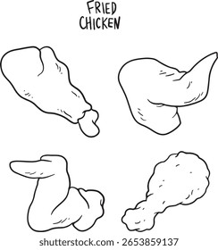 Hand-drawn vector illustration set of delicious fried chicken pieces including drumsticks, wings, and nuggets. Perfect for fast food menus, restaurant branding, or any food-related design.