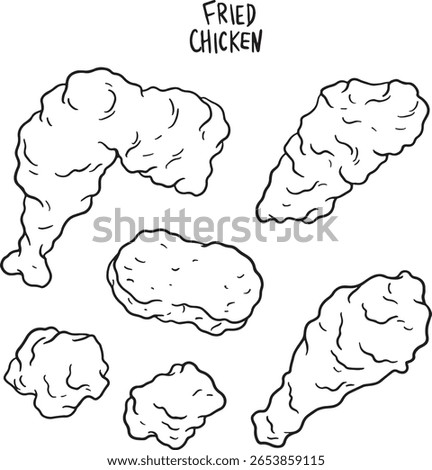Hand-drawn vector illustration set of delicious fried chicken pieces including drumsticks, wings, and nuggets. Perfect for fast food menus, restaurant branding, or any food-related design.
