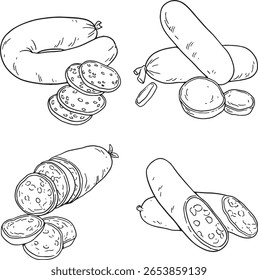 Hand-drawn vector illustration set featuring various whole and sliced sausages. Ideal for butcher shops, deli menus, or any food-related projects needing a diverse selection of processed meats.