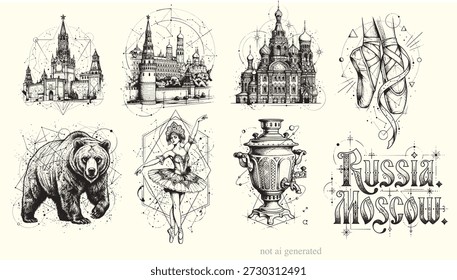 Hand-drawn vector illustration set featuring iconic symbols of Russia and Moscow in elegant black and white line art with geometric sacred geometry elements. Collection includes Kremlin towers, Saint Basil’s Cathedral, traditional Russian samovar, brown bear, classical ballerina in tutu, ballet pointe shoes, and decorative “Russia Moscow” typography. Vintage engraving and tattoo-style aesthetic, perfect for travel posters, tourism branding, cultural designs, apparel prints, tattoos, stickers, and editorial illustrations related to Russian heritage, architecture, and performing arts