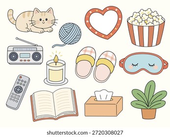 A hand-drawn vector illustration set focusing on cozy home relaxation. The collection features a cute cat, yarn ball, popcorn bucket, retro radio, plaid slippers, sleep mask, scented candle, open book, remote control, tissue box, and potted plant. Perfect for lifestyle and leisure concepts.