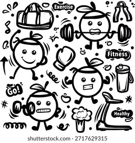 Ilustración vectorial dibujada a mano de un conjunto de iconos, Doodle Health: Una Ilustración vectorial dibujada a mano de un conjunto de iconos, Doodle Health and Fitness Icons, Conjunto dibujado a mano de garabatos de fitness  