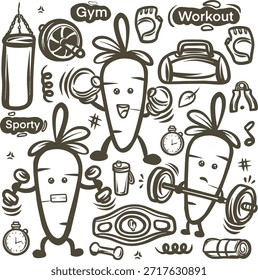 Ilustración vectorial dibujada a mano de un conjunto de iconos, Iconos de salud y fitness Doodle, Conjunto dibujado a mano de garabatos de fitness, Ilustración de Vector de dibujos animados de entrenamiento de zanahoria linda
