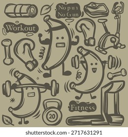 Ilustración vectorial dibujada a mano de un conjunto de iconos, Doodle Health And Fitness Icons: Conjunto dibujado a mano de garabatos de fitness, ilustración de icono de Vector de dibujos animados de entrenamiento de plátano lindo	