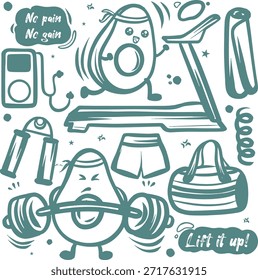 hand-drawn vector illustration of a set of icons, Doodle Health And Fitness Icons: Hand-drawn set of fitness doodles, Cute Avocado workout cartoon vector icon illustration