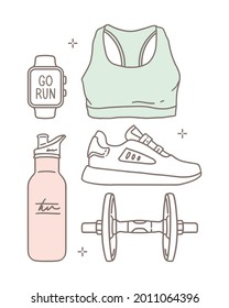 Hand-drawn vector illustration. A set of items. Sports, training, health care. Sports bra, sneakers, smartwatch with lettering "go run", bottle. Linear icons in a minimalist style, fashion sketch.