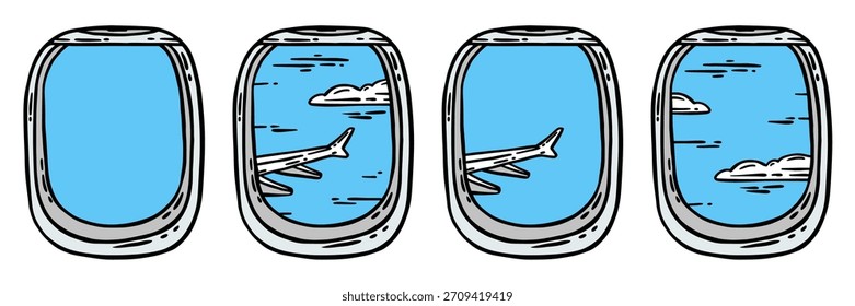 Hand-drawn vector illustration set showing the view from an airplane cabin window, depicting a wing and blue sky with clouds. Travel or aviation-themed designs, concepts, and projects.